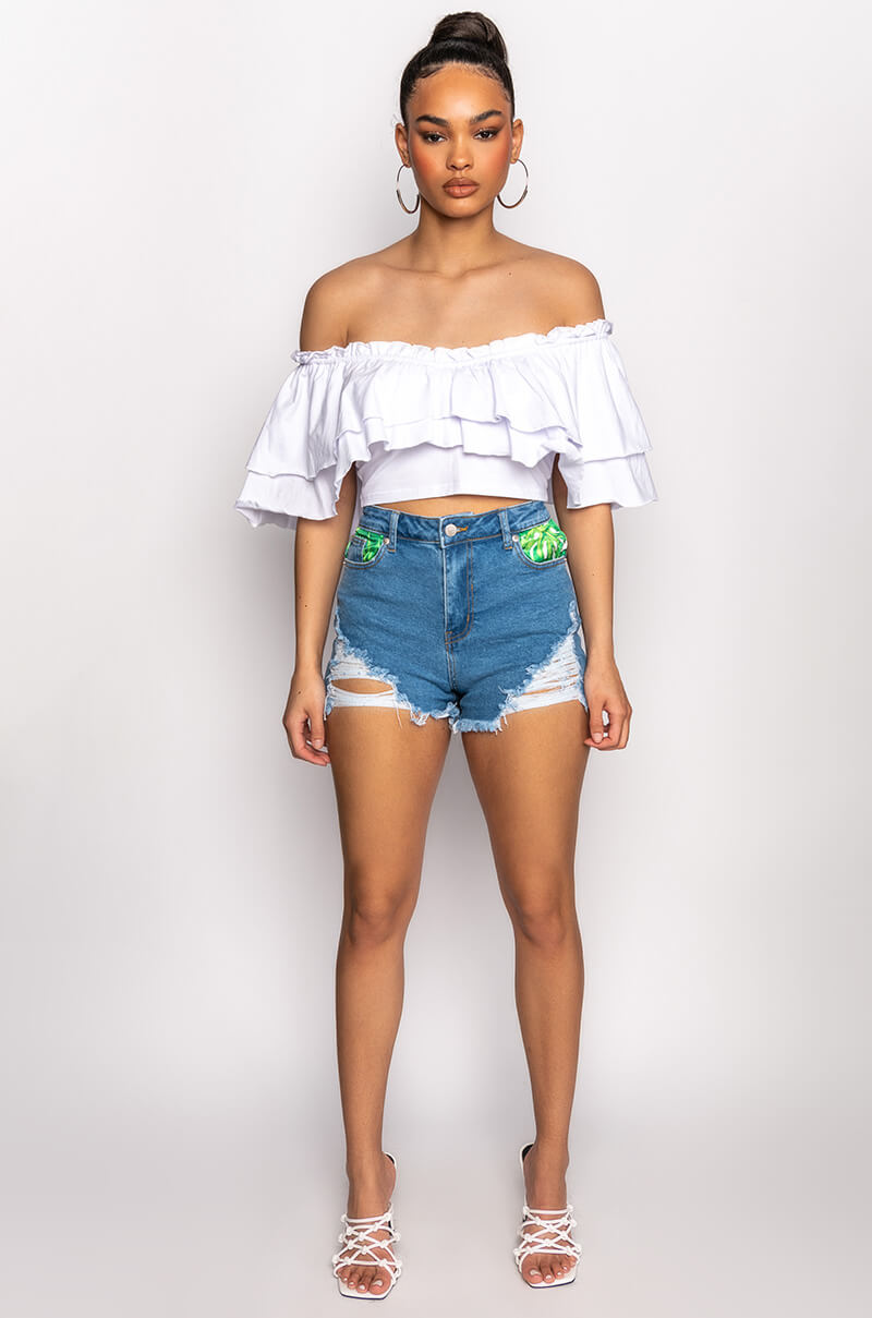 PEEKABOO LEAF PRINT HIGH RISE DISTRESSED JEAN SHORTS