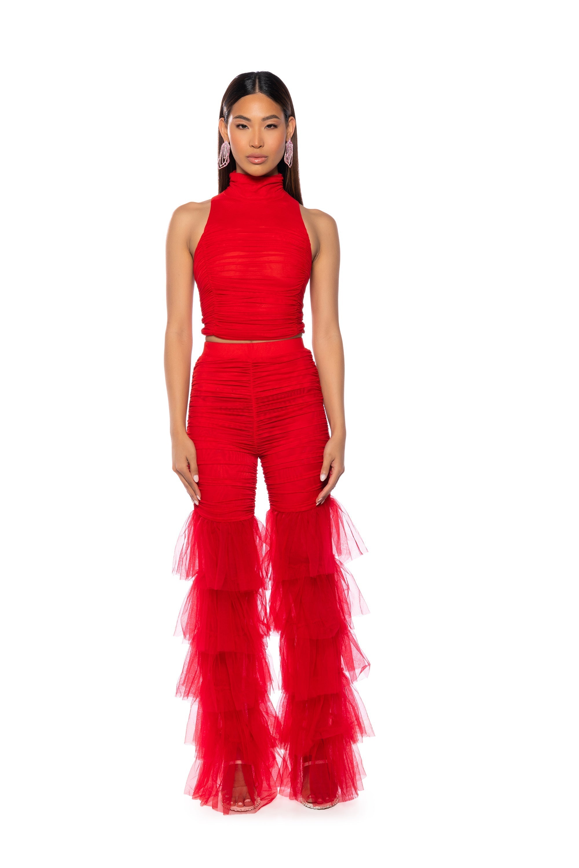 SAMMIE CINCHED MESH FLARE LEG PANT IN RED