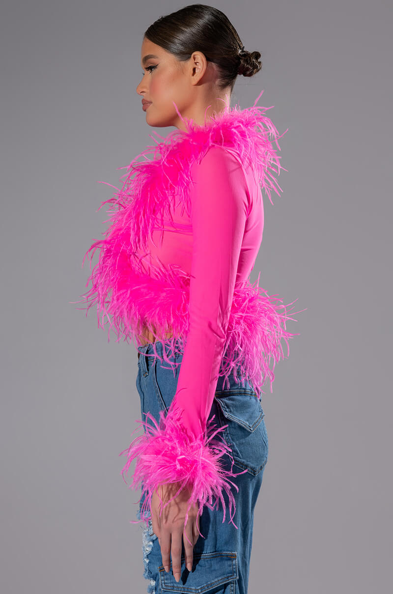 PINK ANGEL MESH FEATHER TRIM TOP