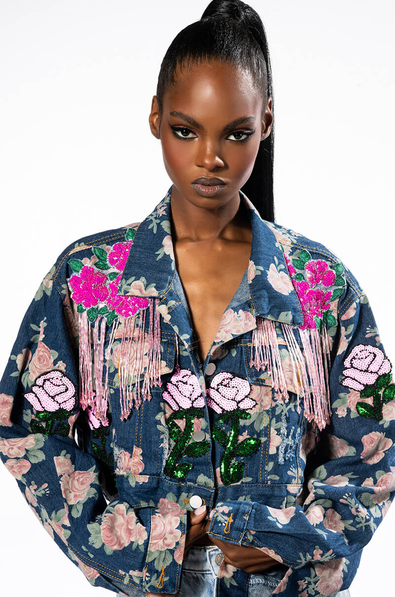 PINK ROSES CROP DENIM JACKET