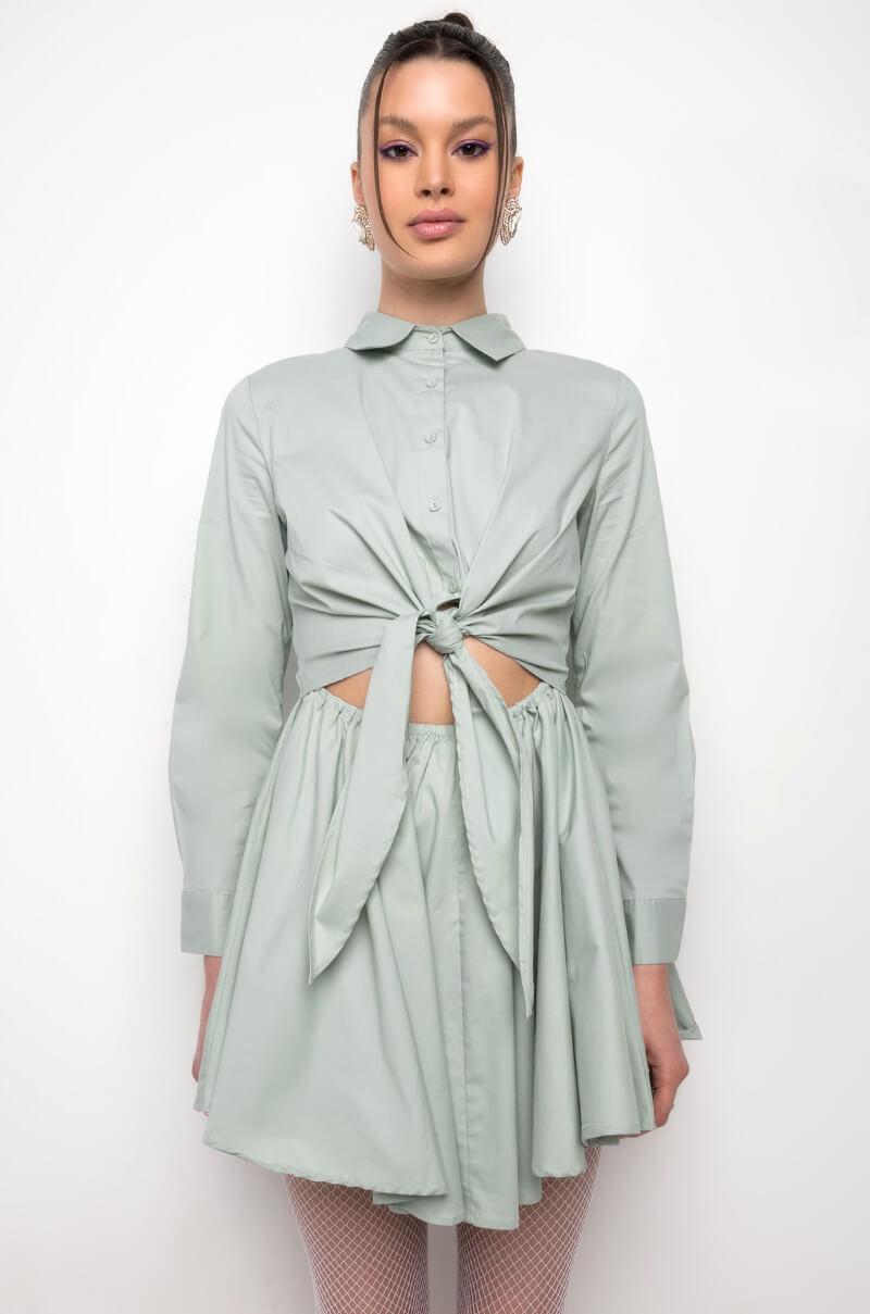 PLEASE DON'T GO FIT AND FLARE FRONT TIE MINI DRESS