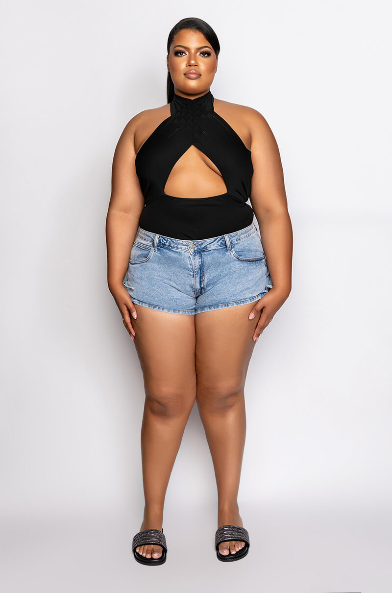 PLUS ADRIANA LACE UP DENIM SHORTS