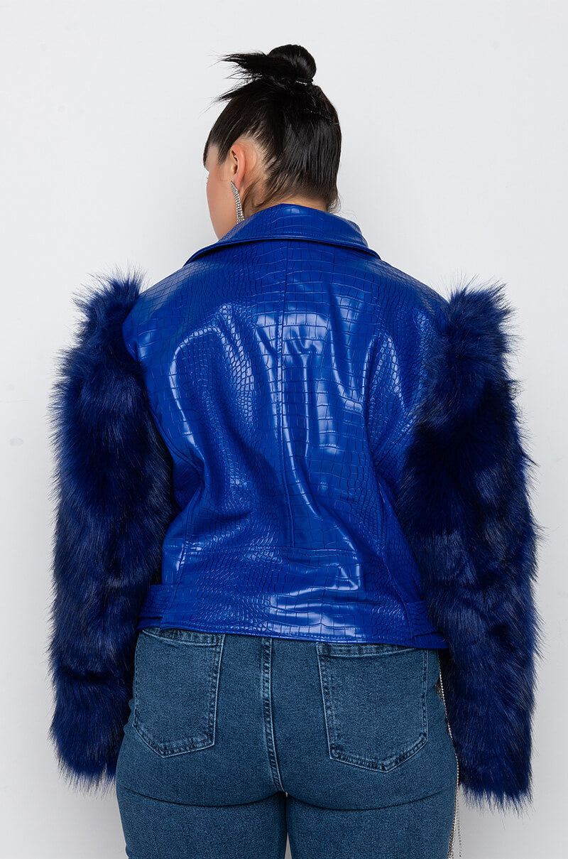PLUS AZALEA WANG NOLLA FAUX FUR ARMS CROC MOTO JACKET