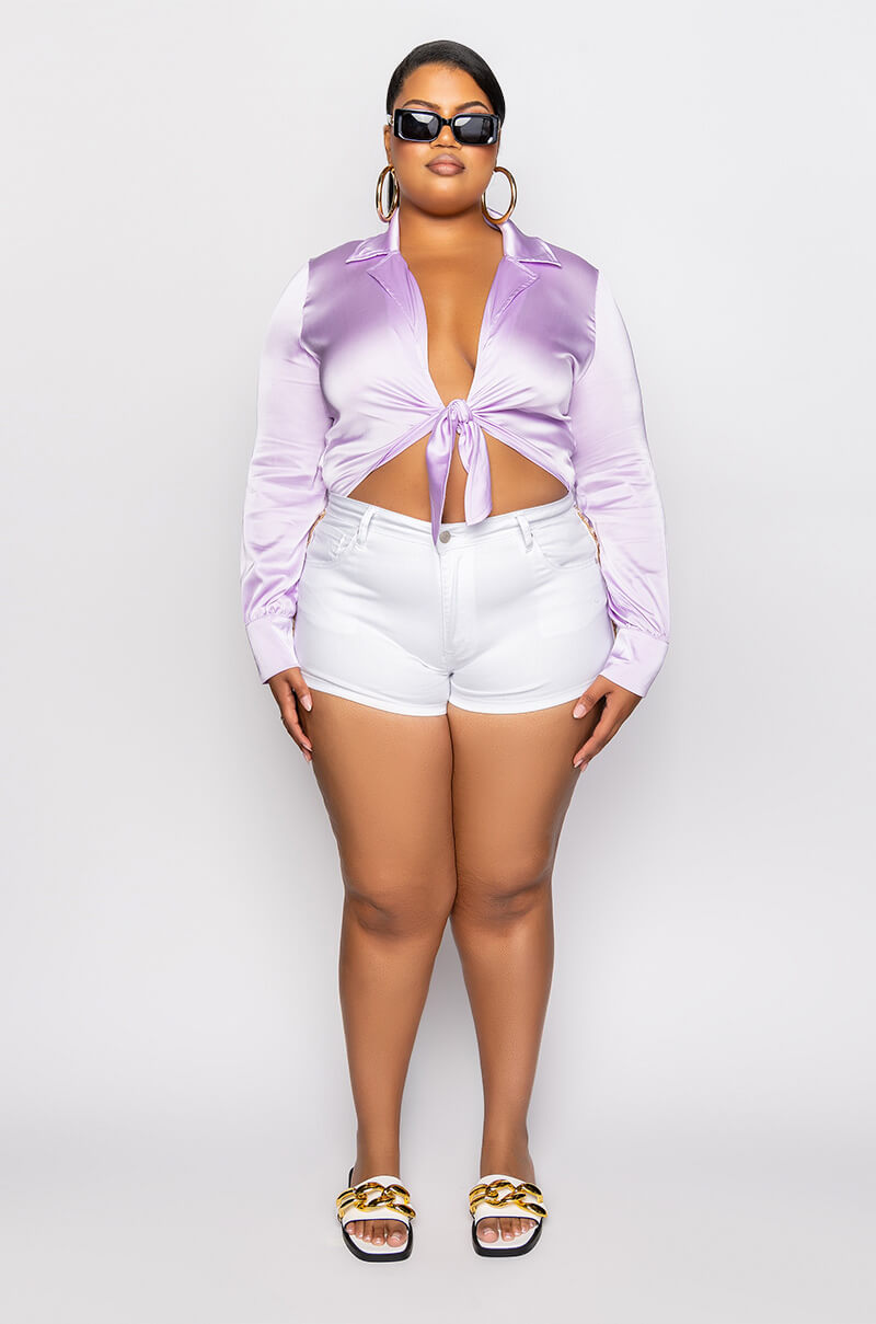 PLUS BETTER BELIEVE IT TIE FRONT SATIN BODYSUIT