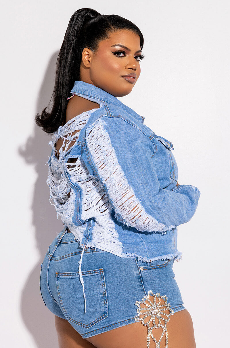 PLUS FLORENCE RHINESTONE CUT OUT DENIM SHORT