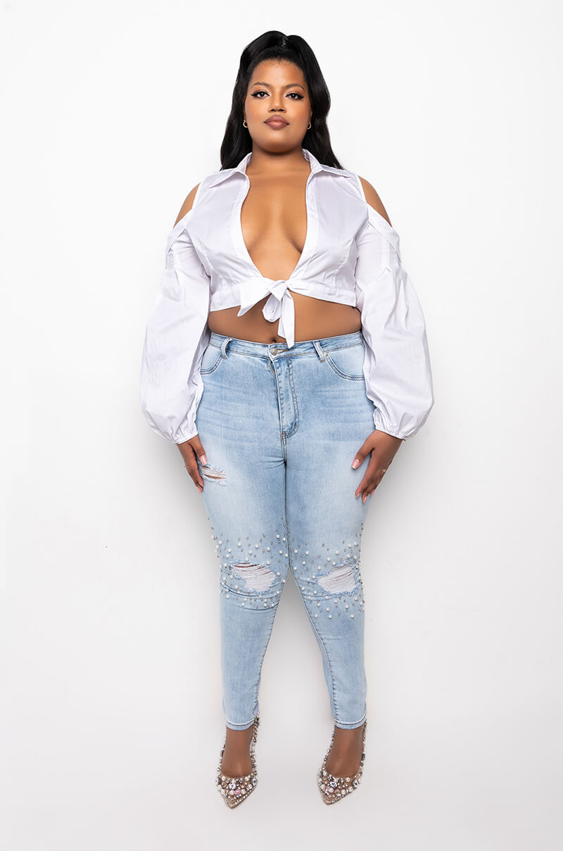 PLUS IM THE BOSS TIE FRONT COLD SHOULDER CROP BLOUSE