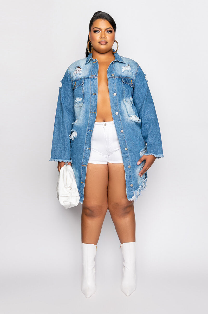 PLUS LONG DENIM JACKET WITH DISTRESSING