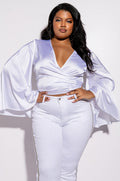 PLUS MAKIN MOVES TIE FRONT BUTTERFLY SLEEVE CROP SATIN BLOUSE