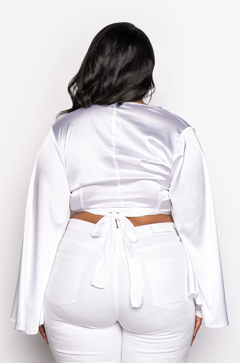 PLUS MAKIN MOVES TIE FRONT BUTTERFLY SLEEVE CROP SATIN BLOUSE