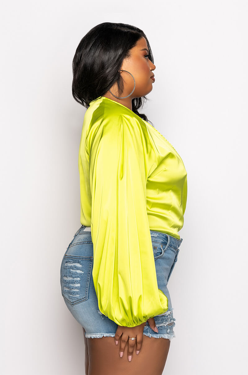 PLUS NO PICTURES PLEASE WRAP FRONT LONG SLEEVE SATIN BODYSUIT