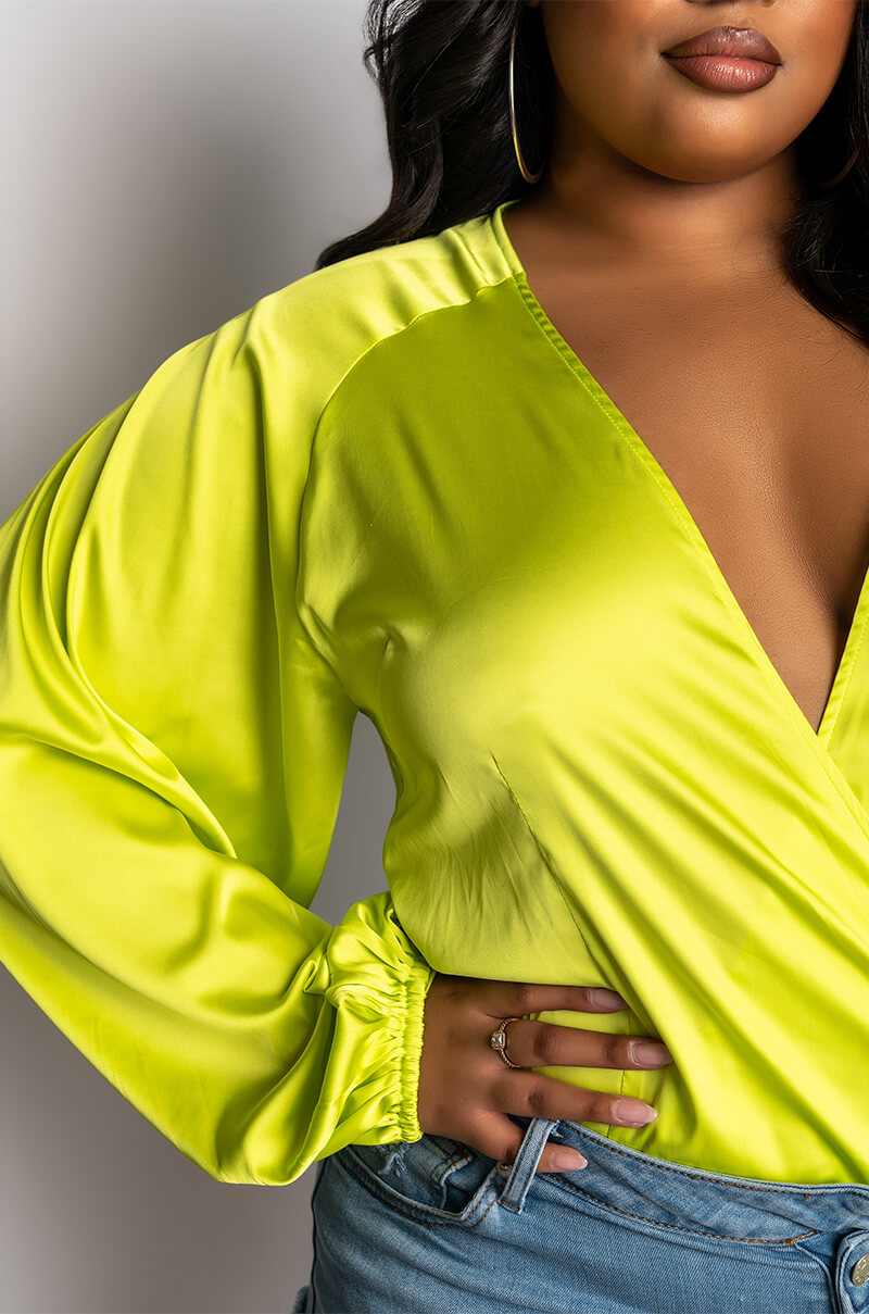 PLUS NO PICTURES PLEASE WRAP FRONT LONG SLEEVE SATIN BODYSUIT
