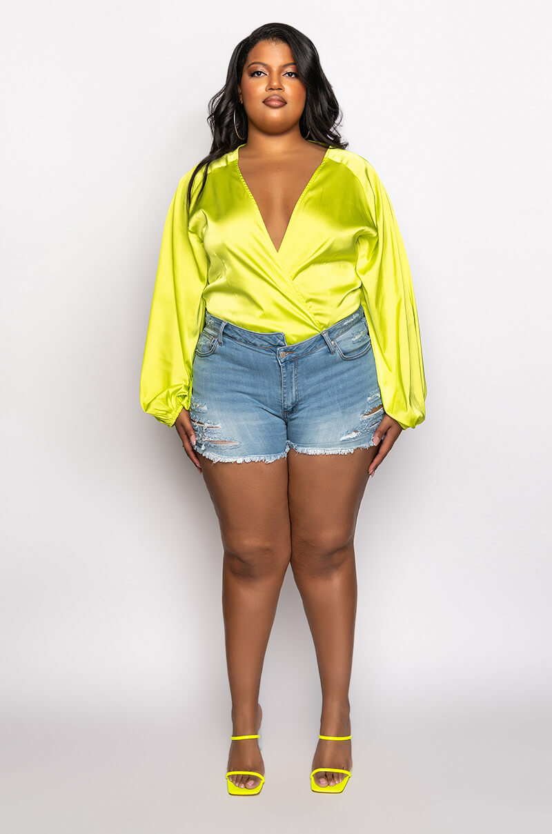 PLUS NO PICTURES PLEASE WRAP FRONT LONG SLEEVE SATIN BODYSUIT