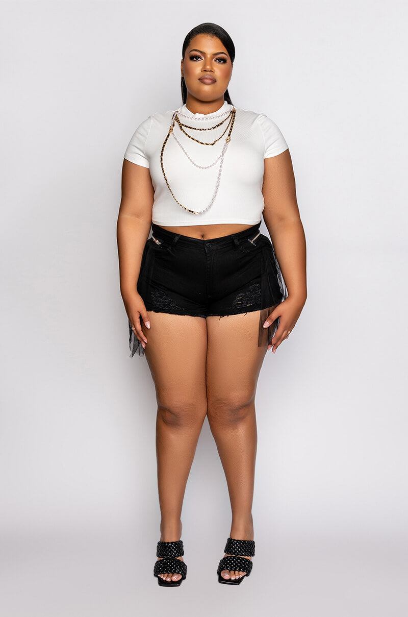 PLUS SHADOW TULLE DETAIL DENIM SHORT