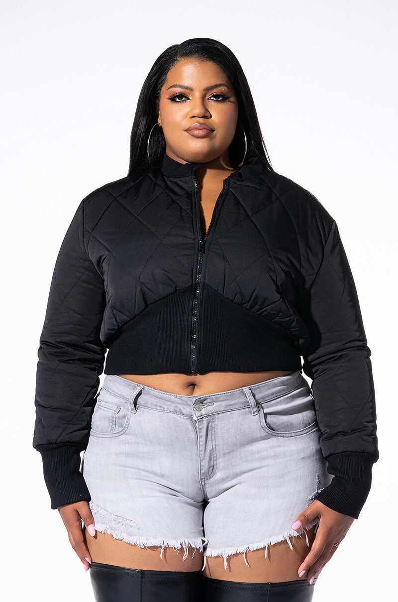 PLUS FITTED QUILTED BOMBER JACKET WITH RIB BODICE