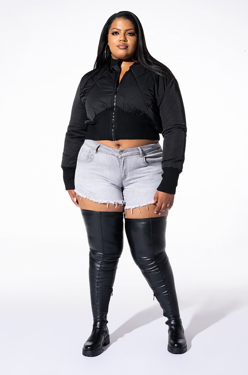 PLUS FITTED QUILTED BOMBER JACKET WITH RIB BODICE