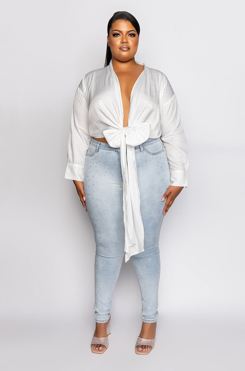 PLUS THE ULTIMATE RHINENSTONE TIE FRONT BLOUSE