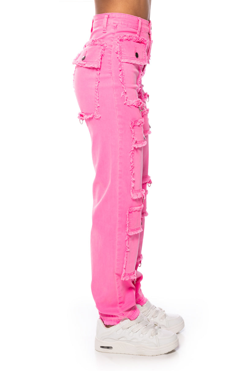 POCKET FULL OF SUNSHINE CARGO JEANS IN HOT PINK