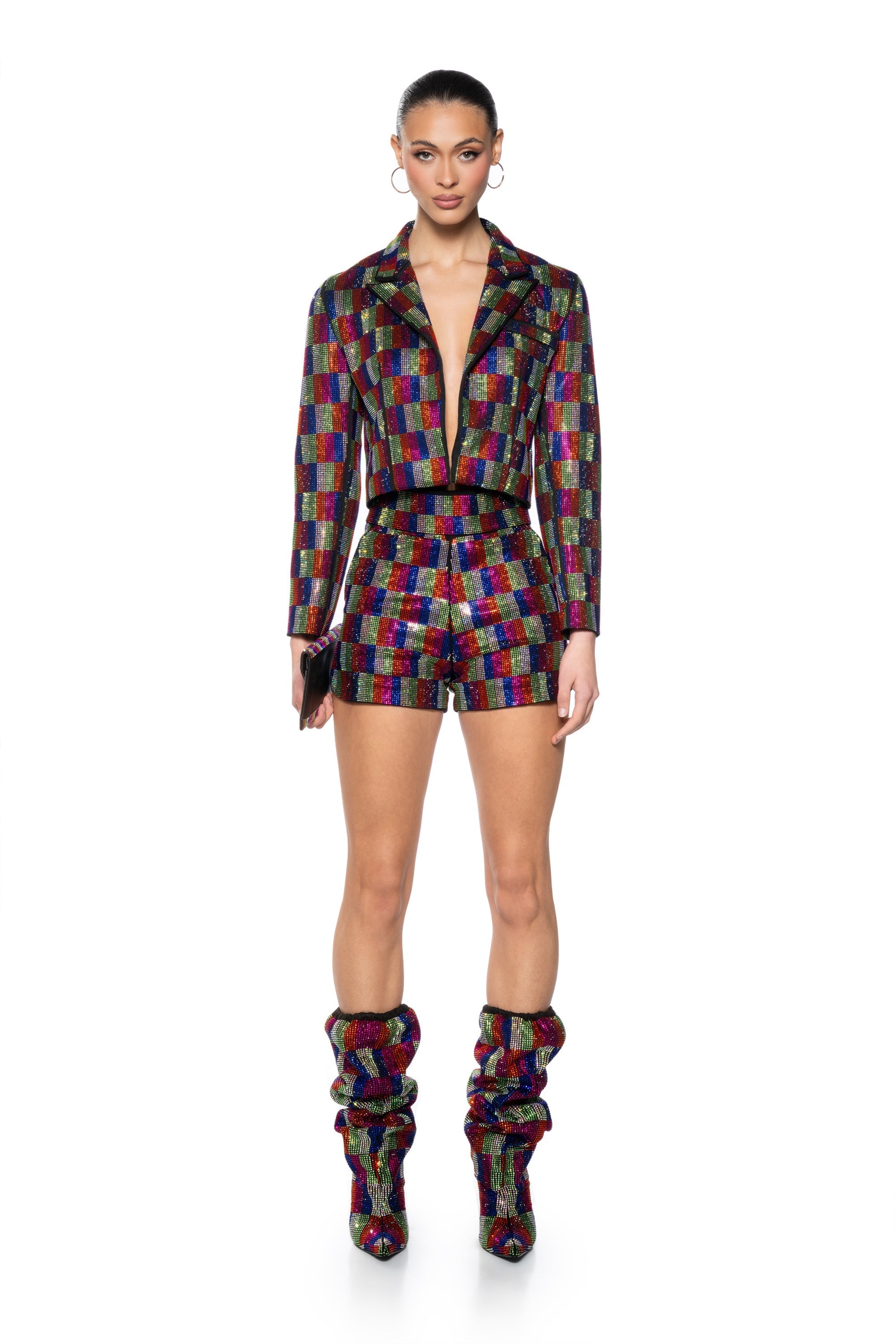 POP STAR RECTANGLE PRINT RHINESTONE HOT SHORT