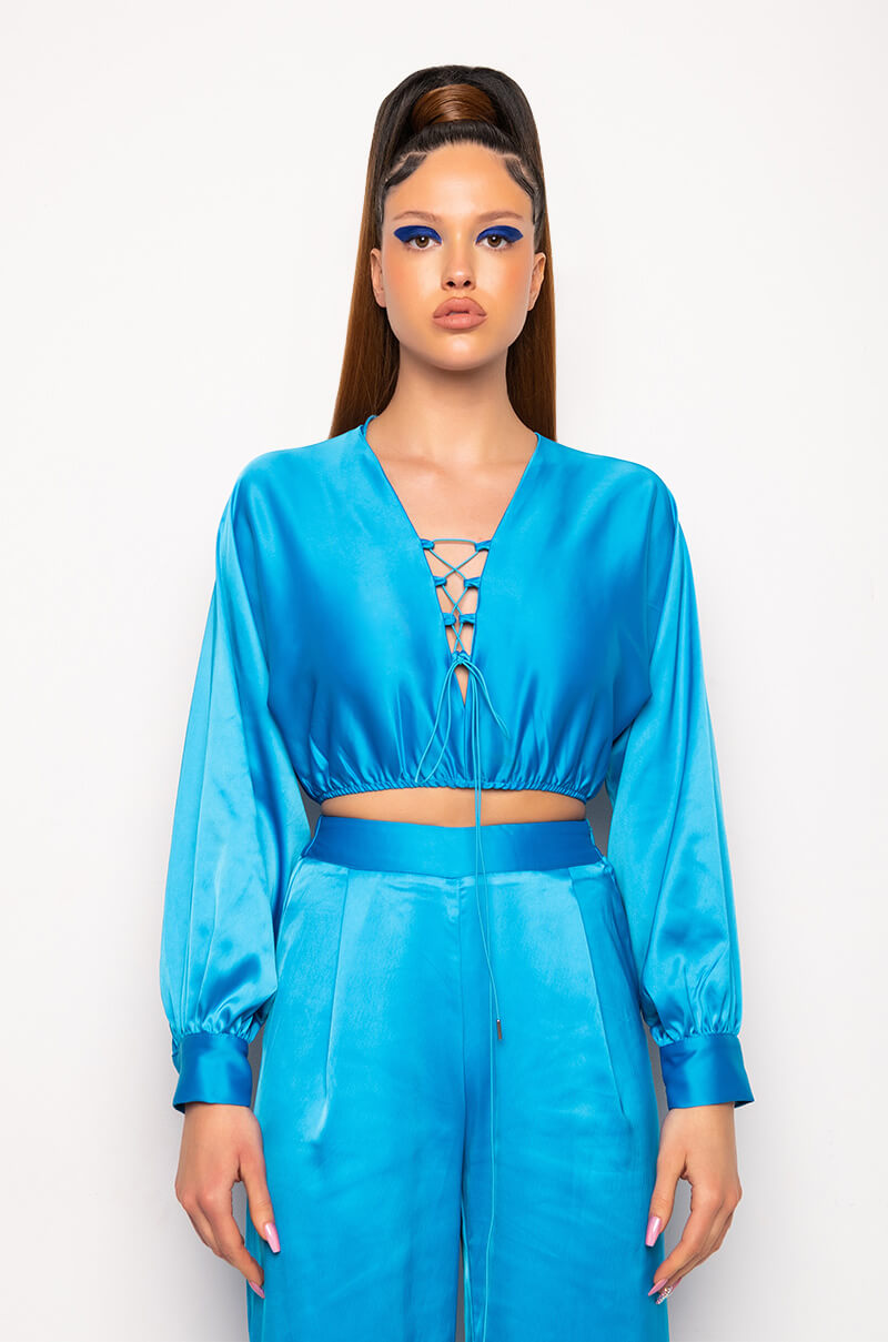 PORTOFINO SATIN LACE UP CROPPED BLOUSE