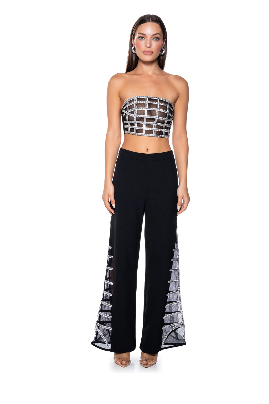 PREMIER RHINESTONE MESH PANEL SATIN WIDE LEG PANT