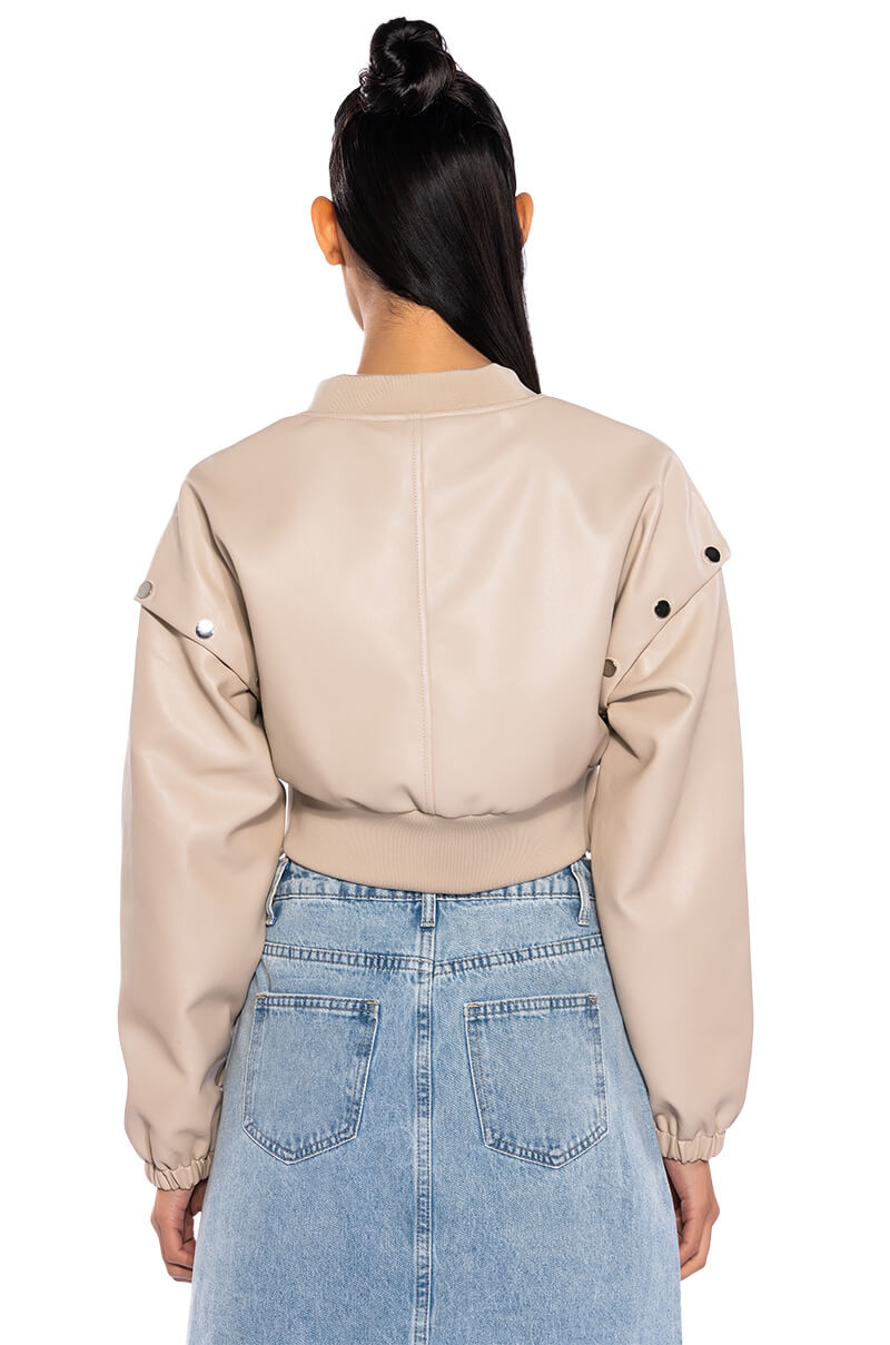 PRESS MY BUTTONS FAUX LEATHER BOMBER