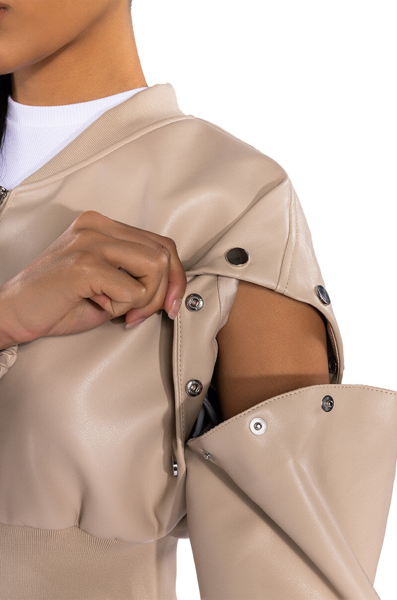 PRESS MY BUTTONS FAUX LEATHER BOMBER
