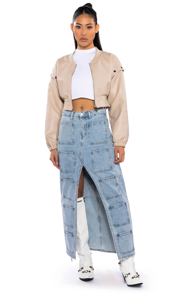 PRESS MY BUTTONS FAUX LEATHER BOMBER
