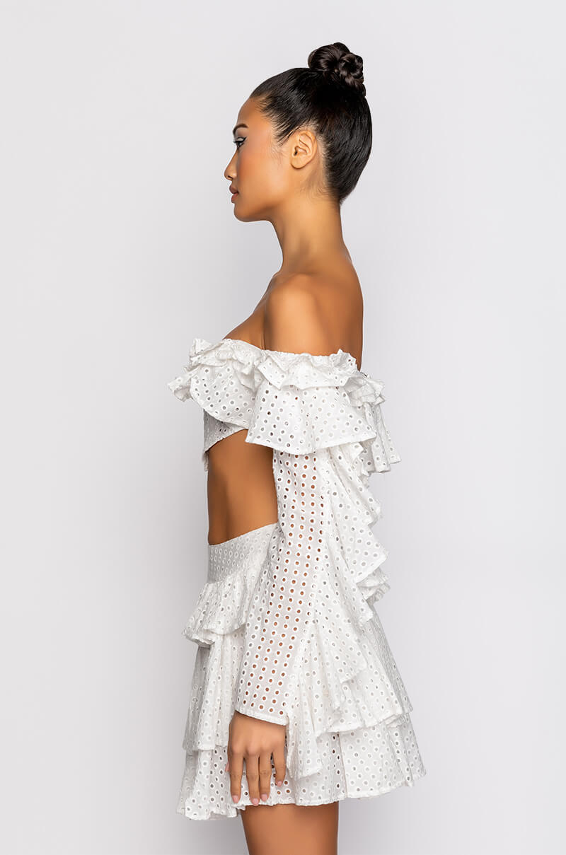 PRETTY LIL THANG EYELET OFF THE SHOULDER BLOUSE