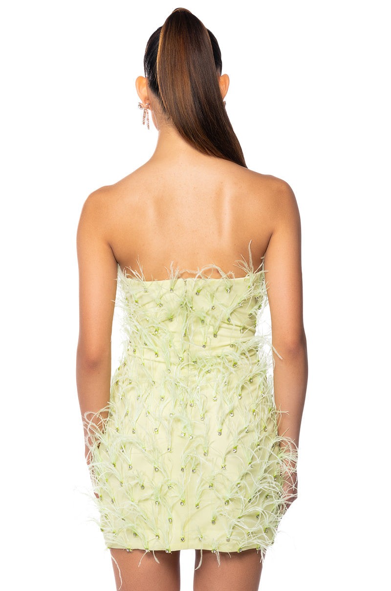 PRIMROSE STRAPLESS FEATHER MINI DRESS