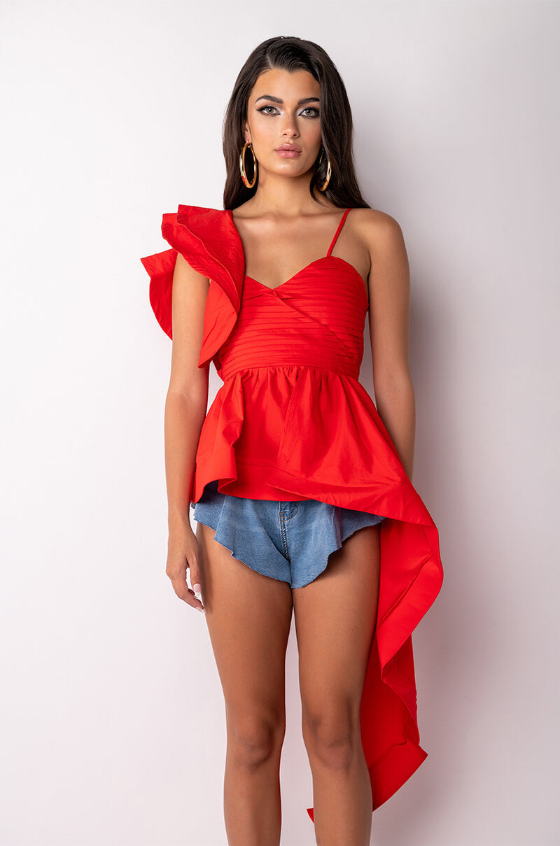 MIA HIGH LOW RUFFLE SLEEVELESS BLOUSE