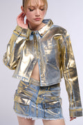 PROCEED WITH CAUTION METALLIC DENIM BUTTON DOWN