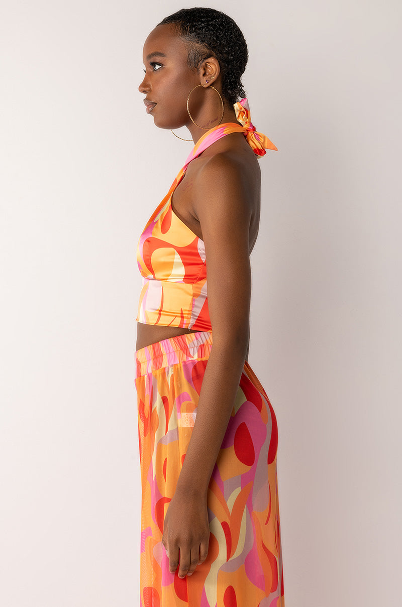 PSYCHEDELIC SATIN HALTER CROP TOP