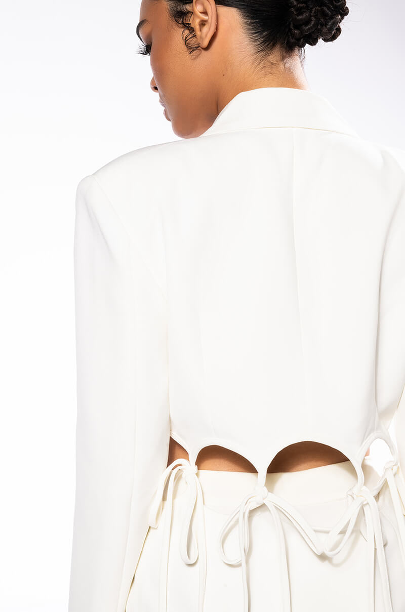 PUT ON A HAPPY FACE WHITE CUT OUT BLAZER