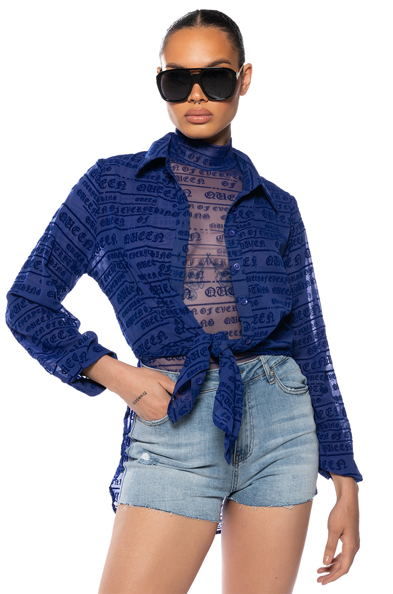 QUEEN OF EVERYTHING FLOCKED LONG SLEEVE MESH BODYSUIT