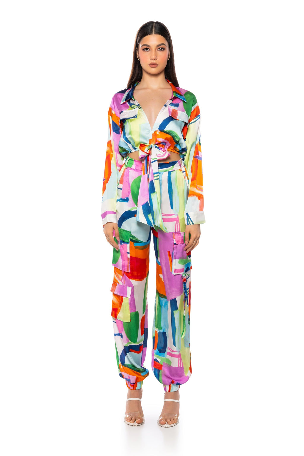 QUINN ABSTRACT PRINTED SATIN TIE FRONT BLOUSE