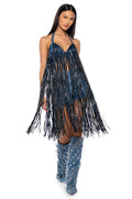 RAVE GIRL DENIM HALTER FRINGE BRA TOP