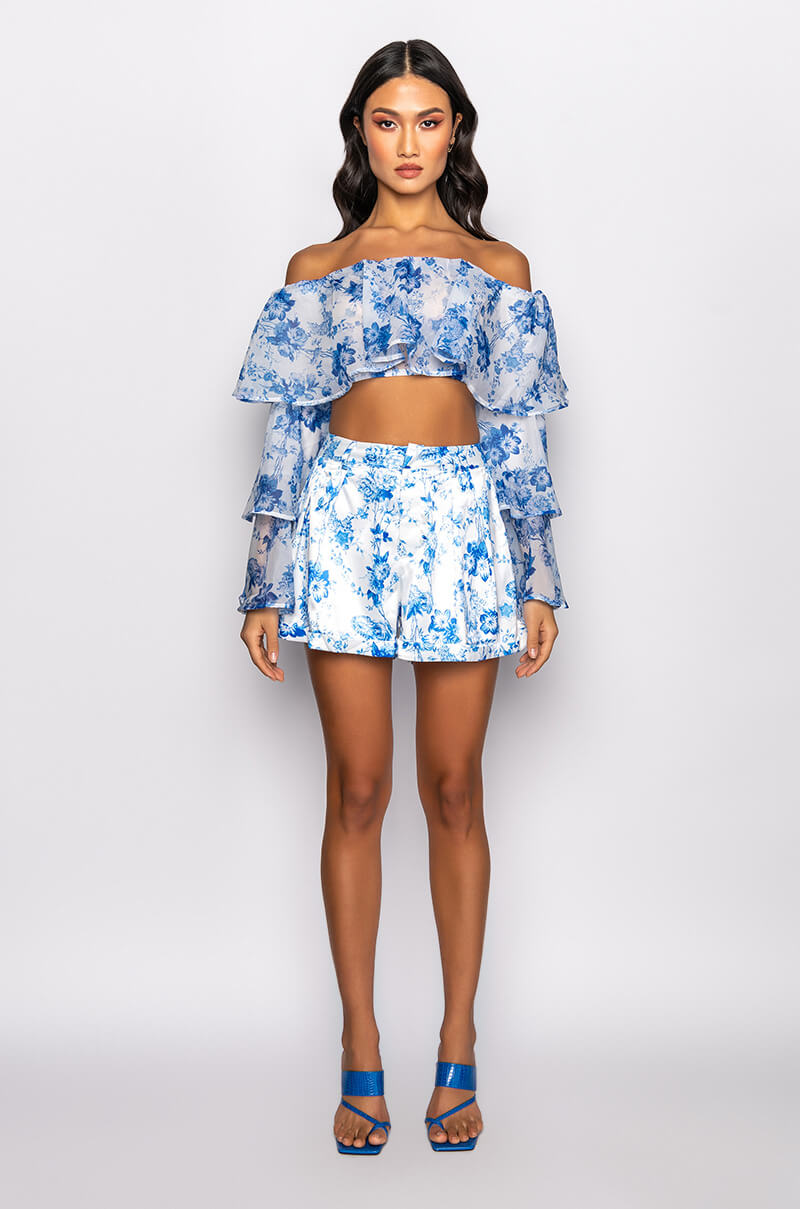 RAISE A GLASS RUFFLE SLEEVE CROPPED OFF THE SHOULDER BLOUSE