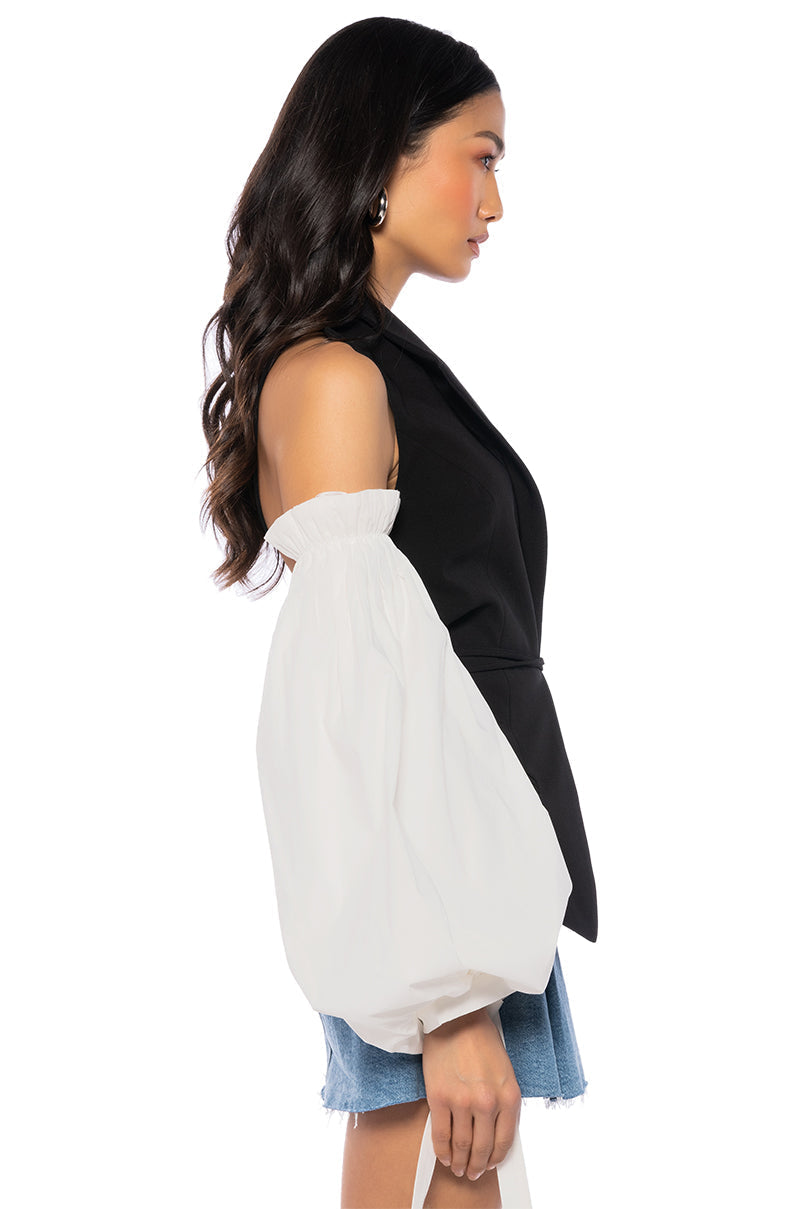 RENN GIRL OPEN BACK VEST WITH OFF SHOULDER PUFF SLEEVES