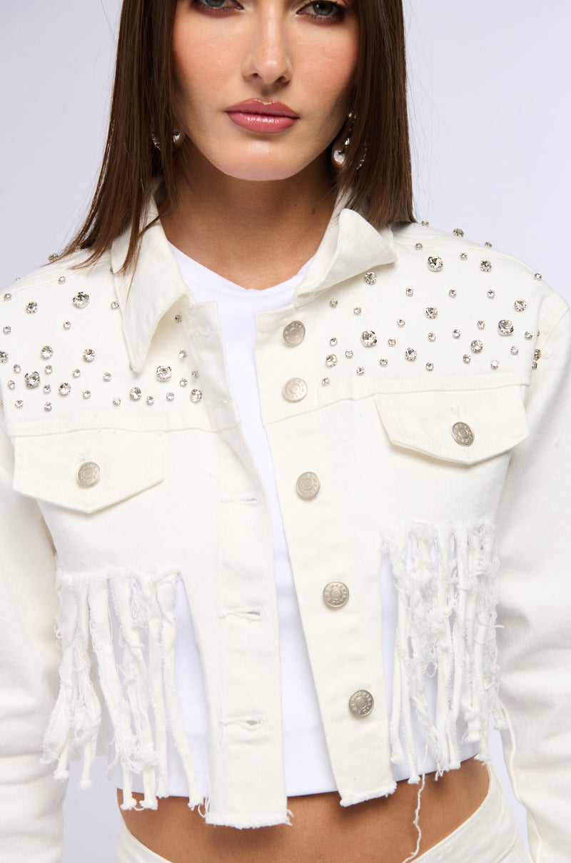 RILEE EMBELLISHED DENIM CROP JACKET IN WHITE