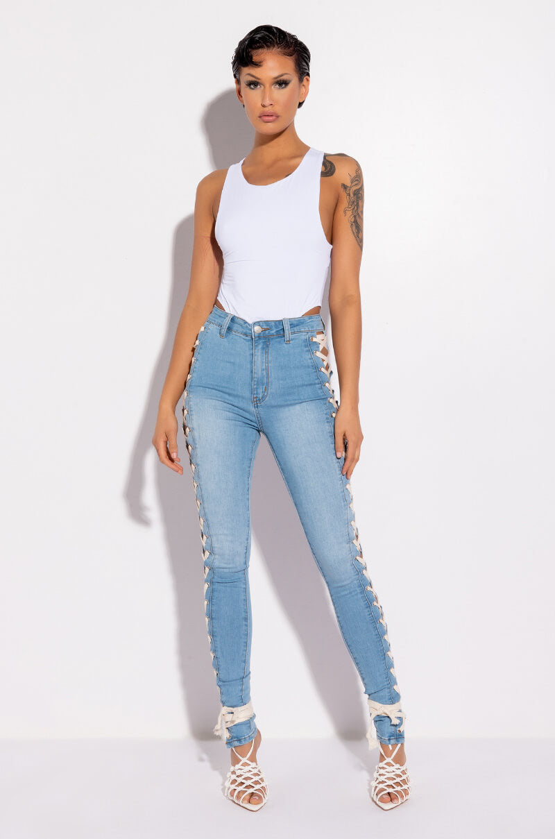 ROCK THE RUNWAY LACE UP SKINNY JEANS