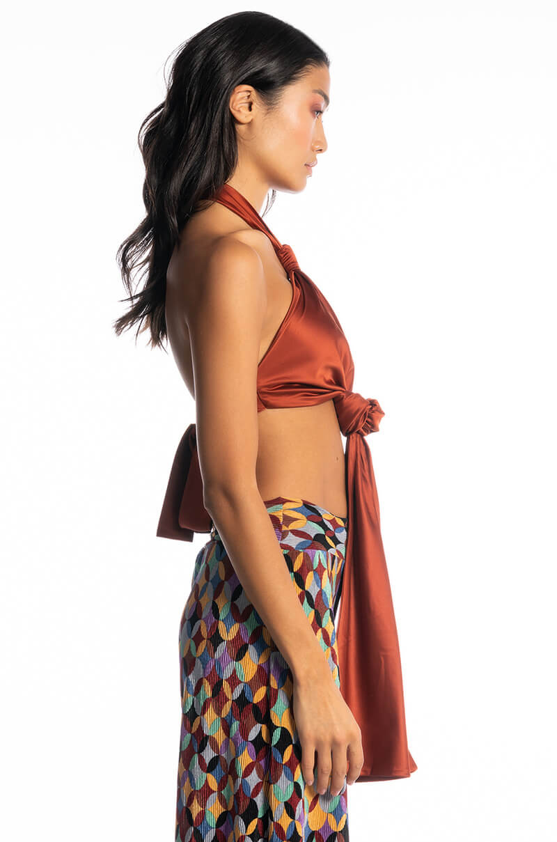 RULES DON'T APPLY SLEEVELESS CROPPED SATIN HALTER BLOUSE