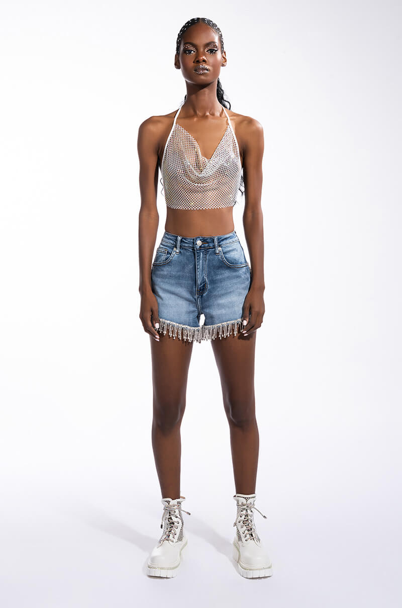 RUNWAY HIGH WAISTED STRETCHY RHINESTONE JEANS SHORTS