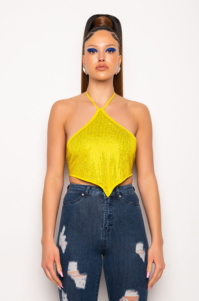 SATURDAZE RHINESTONE HALTER CROP TOP
