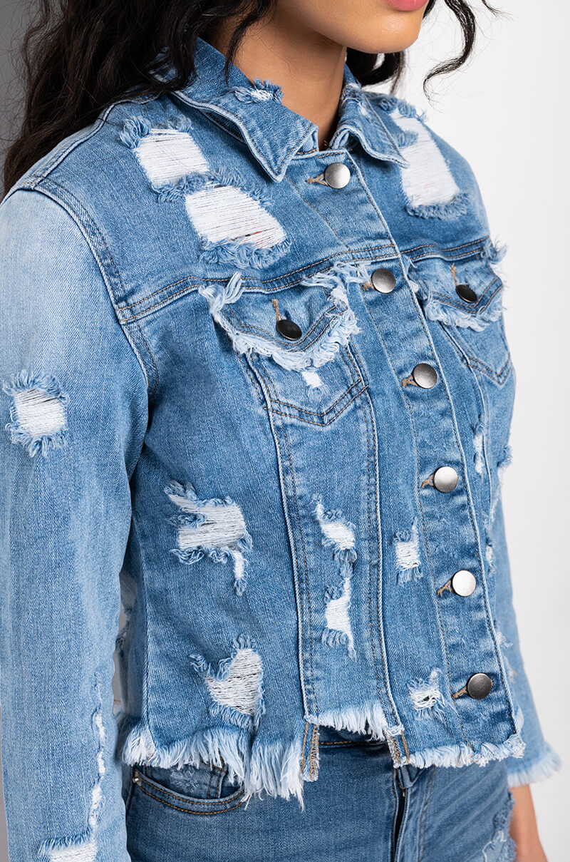 SAY MY NAME DISTRESSED CROPPED DENIM JACKET