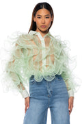 SEE THE GLOW RUFFLE SHEER BLOUSE IN GREEN