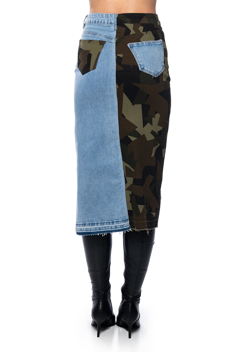 SEEING DOUBLE DENIM MIDI SKIRT