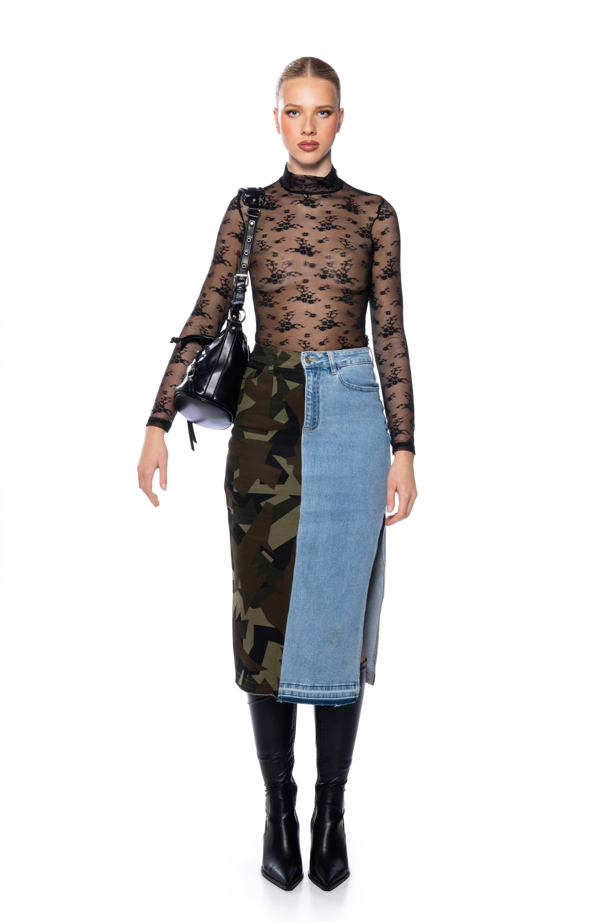 SEEING DOUBLE DENIM MIDI SKIRT