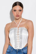 SELF CONTROL LACE UP RHINESTONE SATIN CORSET