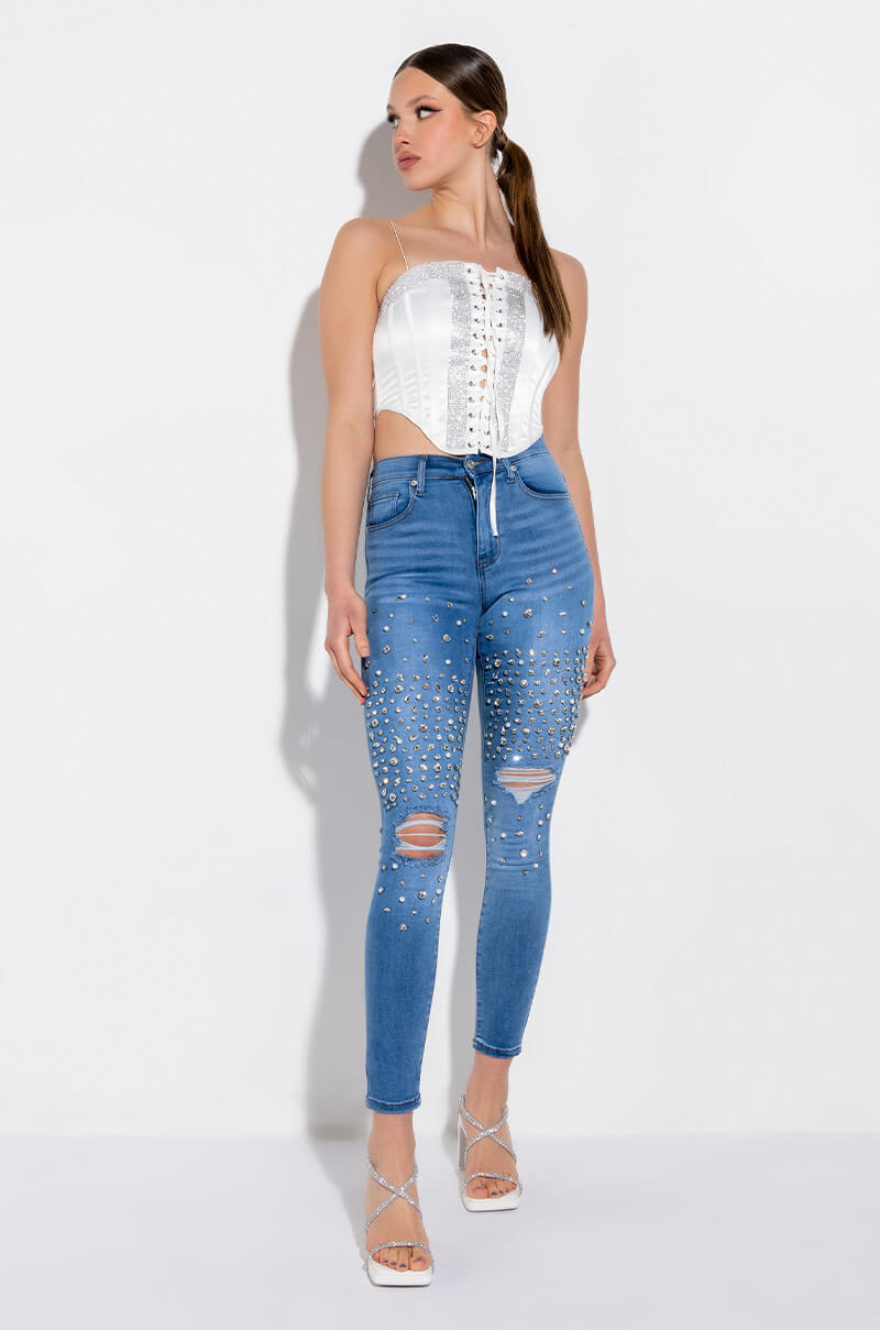 SELF CONTROL LACE UP RHINESTONE SATIN CORSET