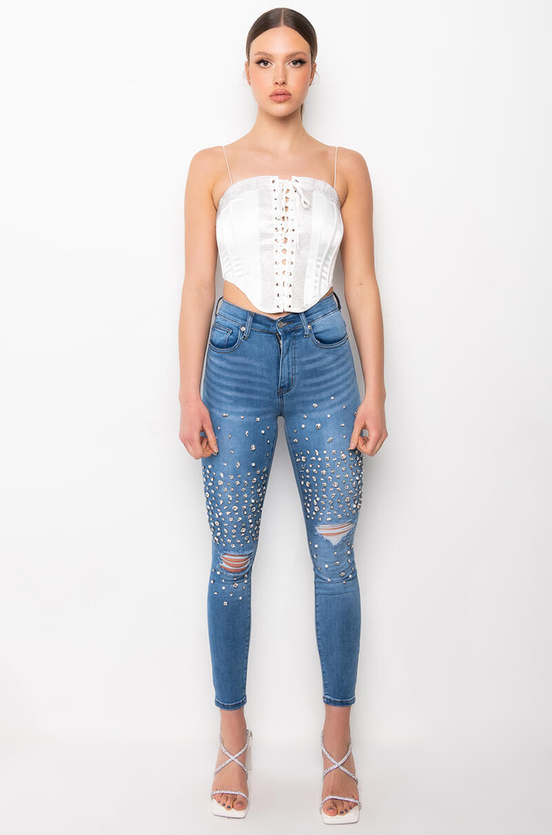 SELF CONTROL LACE UP RHINESTONE SATIN CORSET